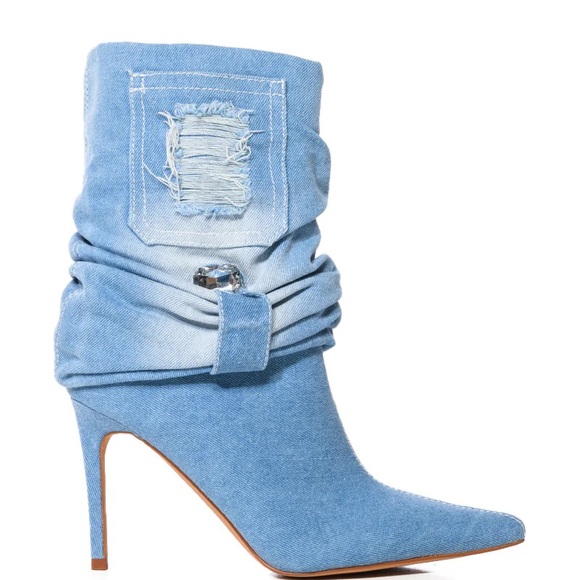 AZALEA WANG Blue Distressed Denim Embellished Foldover Bootie - Picture 1 of 3